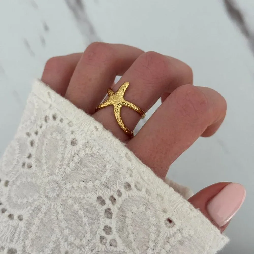 SKU:0080 gold‎ ring gold starfish made of high-quality materials stainless steel